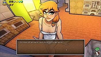Anime Hentai game pornplay features Alex in a kitchen apron and handjob