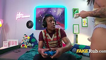 brunette babe distracts gamer with anal buttplugs and squirting!