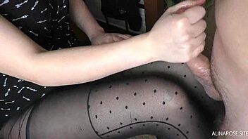 teen handjob spills cum on legs in nylon pantyhose
