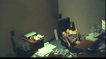 Office brunette girl fingering her wet pussy during break time