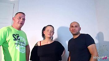 Classic European MILF dominates her cuckold husband in a threesome with two men