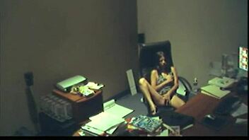 Office brunette girl fingering her wet pussy during break time