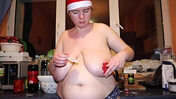 A woman tries on nipple pasties showcasing her natural big tits and boobs