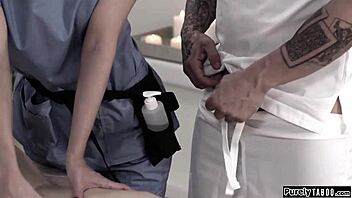 Young blonde gets a massage and ends up with a mouthful of cum