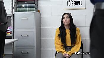 Brunette babe gives blowjob after strip search