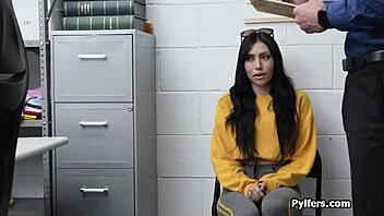 Brunette babe gives blowjob after strip search