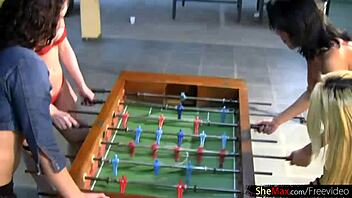 Four t-girls in lingerie play foosball then assfuck big asses