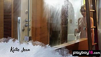 stunning blonde katie jean teases naked in steamy shower scene