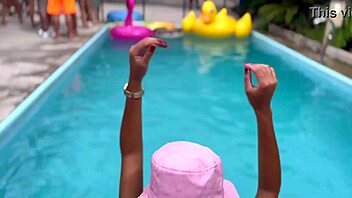 At the pool party, she wore lingerie and plug, ready for public assfucking and oral with old cock.