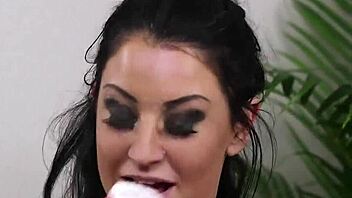 Facial cumshots for a naughty stunner in a bukkake video