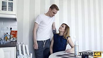 Mature tutor gets fucked by her angry student in a steamy kitchen encounter