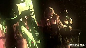 Kinky brunette babes in fishnets ride and get anal stuffed with fat cocks in group hardcore