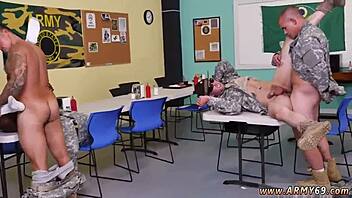 Gay men in blowjob scene with drill sergeant.