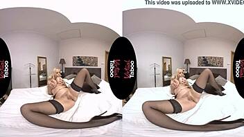 blonde with shaved pussy shows glorious boobs in virtual taboo pov