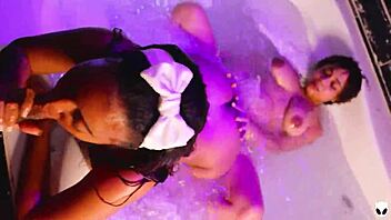 I relax in the jacuzzi with ebony and Khalessi for hot threesome action.