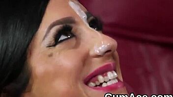 the hot babe receives a facial cumshot and eagerly eats all the ejaculate