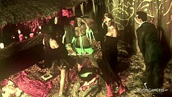 Kinky brunette babes in fishnets ride and get anal stuffed with fat cocks in group hardcore