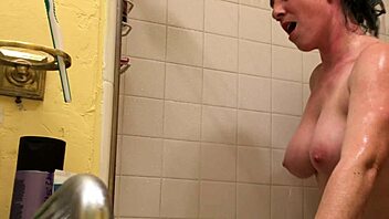 Hairy milf wife gives shower blowjob and rimjob in bathroom