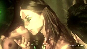 Kinky brunette babes in fishnets ride and get anal stuffed with fat cocks in group hardcore