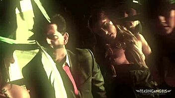 Kinky brunette babes in fishnets ride and get anal stuffed with fat cocks in group hardcore