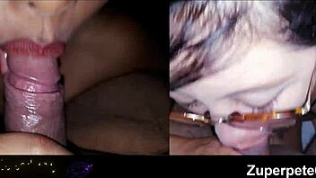 Two horny chicks give a dual blowjob and swallow a huge load of cum