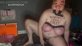 Fuckpig Justafilthycunt gags and humiliates itself with dildos on cam