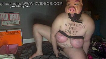 Fuckpig Justafilthycunt gags and humiliates itself with dildos on cam