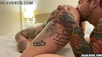 Tattoed couple's filthy bedtime blowjob and gaping.