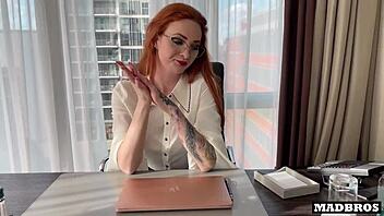 Redhead British milf boss takes anal from two blacks