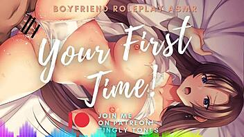 Asmr roleplay with boyfriend's voice and moaning in first time video