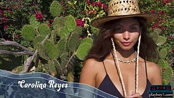 Carolina Reyes, a petite Mexican beauty, strips down on the beach