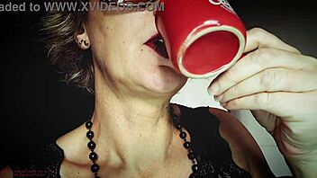 In the kitchen, Karina, a sexy blonde, enjoys her coffee while being admired