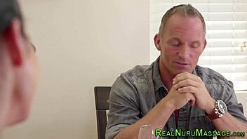 Asian MILF drenches customer in nuru gel, followed by intense sexual encounter.