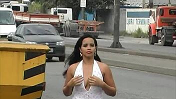 brunette babe flaunts her ass and tits outdoors in santos port