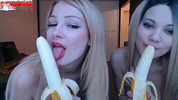 Two Sexy Girlfriends Suck Bananas On Webcam