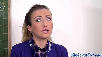 European teen gets double penetrated and cums mouthful of jizz