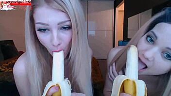 Two Sexy Girlfriends Suck Bananas On Webcam