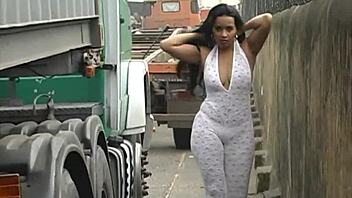 brunette babe flaunts her ass and tits outdoors in santos port