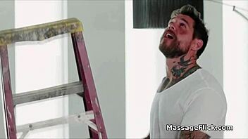 Seductive masseuse swallows handyman's shaft during sensual massage