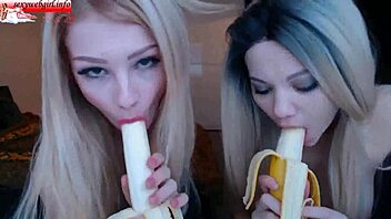 Two Sexy Girlfriends Suck Bananas On Webcam