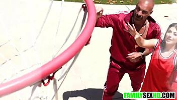 Sneaky stepdaughter bangs stepdad right under stepmom's nose