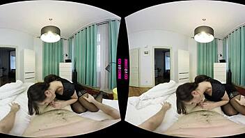 in this pov scene, the brunette maid passionately sucks and rides your cock, making it her tip