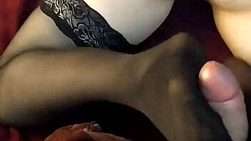 First footjob in stockings, wow, what a teen try!