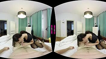 in this pov scene, the brunette maid passionately sucks and rides your cock, making it her tip