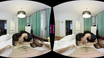 in this pov scene, the brunette maid passionately sucks and rides your cock, making it her tip