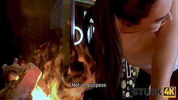 teen 18+ brunette warms up by having hardcore doggystyle sex with husband by the fireplace 🔥