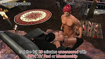 Animated bdsm slave, chained and gagged, performs oral sex outdoors