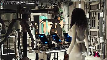 Sex android interacts with busty hottie in spacecraft restraints
