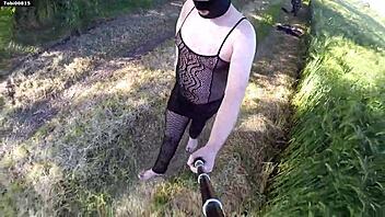 i'm wearing sheer clothes at the gay cruising area, showing my shaved big butt to neighbors. tobi00815