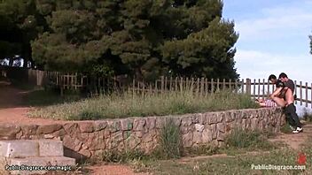 Bound teen 18+ forced to crawl in public for kinky domination outdoors